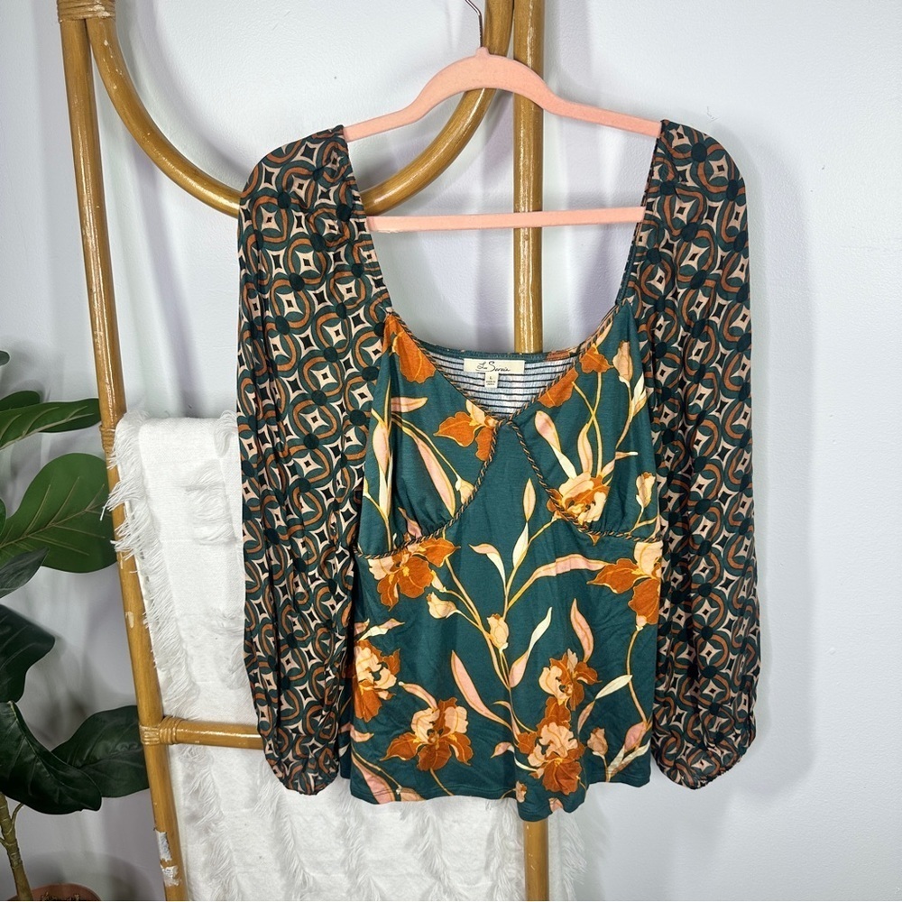 Anthropologie Les Serein Brela Rope Detail Knit Top in Teal Green Floral sz L